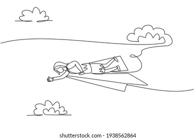 Single continuous line drawing young professional business woman lay down on flying paper plane to reach business target. Minimalism metaphor concept. One line draw graphic design vector illustration