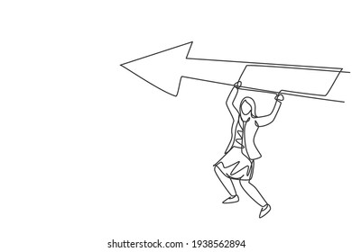 Single continuous line drawing young business woman hanging on up arrow sign. Professional entrepreneur challenge. Minimalism metaphor concept. Dynamic one line draw graphic design vector illustration