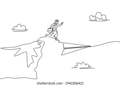Single continuous line drawing young Arabian business man jumping from top of mountain to flying paper plane. Minimalism metaphor concept. Dynamic one line draw graphic design vector illustration