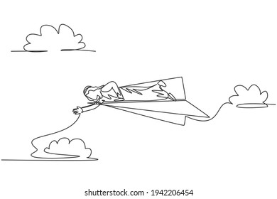 Single continuous line drawing of young Arabian business man lay down on flying paper plane to reach his fall colleagues. Minimalism metaphor concept. One line draw graphic design vector illustration