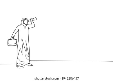 Single continuous line drawing young Arab business man forecast market using monocular. Professional forecaster. Minimalism metaphor concept. Dynamic one line draw graphic design vector illustration