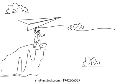 Single continuous line drawing young Arab business man fly paper plane from top of mountain. Professional manager. Minimalism metaphor concept. Dynamic one line draw graphic design vector illustration