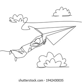 Single continuous line drawing young Arab business woman hanging on flying paper plane into the sky. Minimalism metaphor concept. Dynamic one line draw graphic design vector illustration