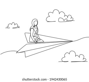 Single continuous line drawing young Arab business woman sitting relax on flying paper plane to do business trip. Minimalism metaphor concept. Dynamic one line draw graphic design vector illustration