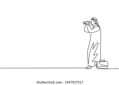 Un único dibujo de línea continua, joven hombre de negocios árabe, analiza el stock de mercado usando binocular. Gerente profesional. Concepto de metáfora del minimalismo. ilustración vectorial de diseño gráfico de una línea dinámica