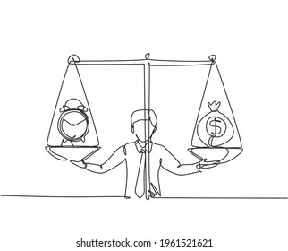 Single continuous line drawing young business man weight money bag and analog clock with scale. Minimalism metaphor business deadline concept. Dynamic one line draw graphic design vector illustration