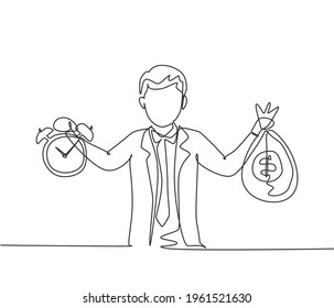 Single continuous line drawing young business man holding money bag and alarm clock with his hands. Minimalism metaphor business deadline concept. One line draw graphic design vector illustration