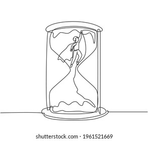 Single continuous line drawing young business man with wing flying to get out from hourglass. Minimalism metaphor business deadline concept. Dynamic one line draw graphic design vector illustration