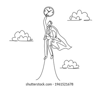 Single continuous line drawing young business man flying to the sky to reach analog clock. Minimalism metaphor business deadline concept. Dynamic one line draw graphic design vector illustration