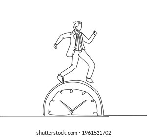 Single continuous line drawing young business man walking on the big analog clock. Minimalism metaphor business deadline concept. Dynamic one line draw graphic design vector illustration