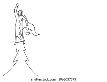 Single continuous line drawing young Arab business man flying high into the sky to reach big goals. Big vision of business target minimalist concept. One line draw graphic design vector illustration.