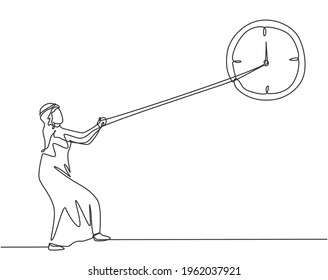 Single continuous line drawing young Arab business man pulling clockwise of big analog wall clock with rope. Time management metaphor concept. One line draw graphic design vector graphic illustration.