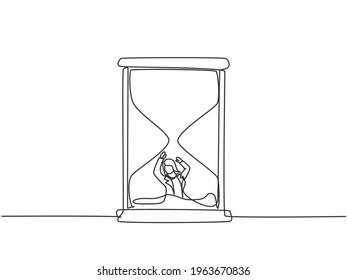 Single continuous line drawing young business woman buried inside sandglass and asking for help. Minimalism metaphor business deadline concept. Dynamic one line draw graphic design vector illustration