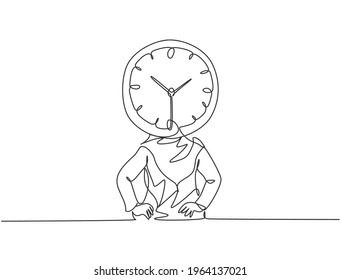 Single continuous line drawing young Arab business woman with analog clock head at the office. Business time discipline metaphor concept. Dynamic one line draw graphic design vector illustration.