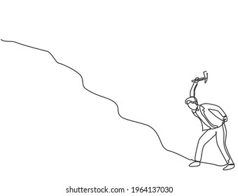 Single continuous line drawing young business man digging treasure on the uphill street with hammer. Getting a new business idea minimalist concept. One line draw graphic design vector illustration.