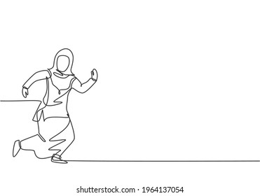 Single continuous line drawing young Arab business woman running chased by work deadline. Business time discipline metaphor concept. Dynamic one line draw graphic design vector illustration.