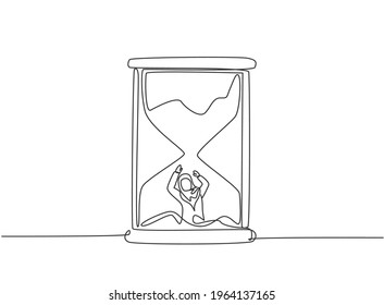 Single continuous line drawing young Arab business woman buried inside sandglass and asking for help. Minimalism metaphor business deadline concept. One line draw graphic design vector illustration.