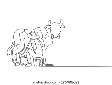 Einzelne durchgehende Linie, die junge männliche Farmer, die eine Kuh mit traditioneller Art melken. Ein erfolgreiches Minimalkonzept für die Ernte. Dynamische 1-zeilige Zeichnen Grafik Design Vektorgrafik.