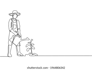 Single continuous line drawing young male farmer water the plants using a watering can. Farmer planting activities minimalism concept. Dynamic one line draw graphic design vector illustration.