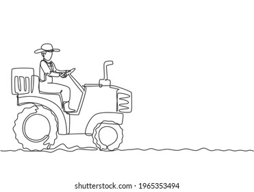 Single continuous line drawing young male farmer drive a tractor to plow the fields. Start a new planting period. Farming minimalism concept. Dynamic one line draw graphic design vector illustration.