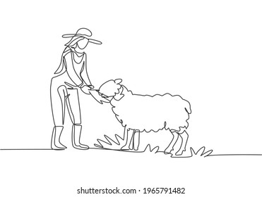 Single continuous line drawing young female farmer is feeding the sheep so that the sheep will be healthy and produce best meat. Minimalism concept. One line draw graphic design vector illustration.