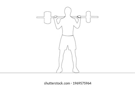 Single continuous line drawing of young strong weightlifter man preparing for barbell workout in gym. Weight lifting training concept. Trendy one line draw design