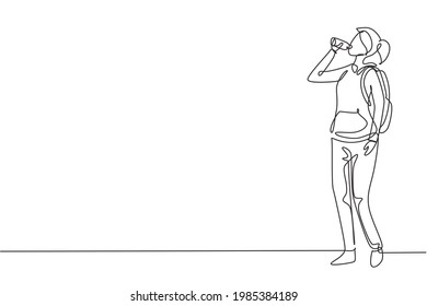 Single continuous line drawing young woman drinking fresh water from a bottle with her right hand after exercising. Healthy lifestyles concept. Dynamic one line draw graphic design vector illustration