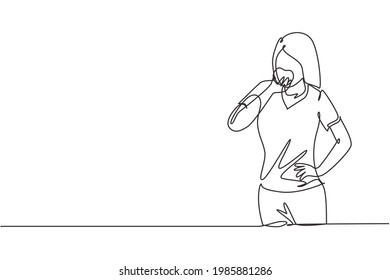 Single continuous line drawing young female having bakery meal with hand. Happy and enjoy lunch snack at office. Delicious and healthy food. Dynamic one line draw graphic design vector illustration