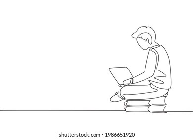 Single continuous line drawing young male studying with laptop and sitting on pile of books. Back to school, intelligent student, online education. One line draw graphic design vector illustration