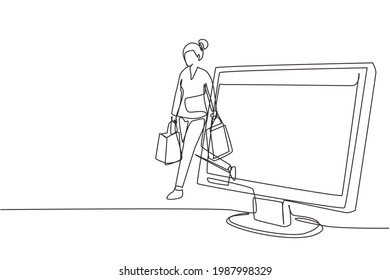 Single continuous line drawing young woman coming out of monitor screen holding shopping bags. Sale, digital lifestyle and consumerism concept. Dynamic one line draw graphic design vector illustration