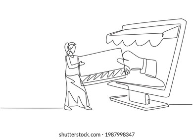 Single continuous line drawing young female inserting credit card into canopy monitor screen and accepted by hand. Digital payment concept. Dynamic one line draw graphic design vector illustration