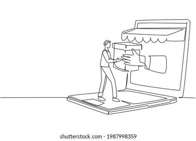 Single continuous line drawing young man receives package box from large canopy laptop screen and hands it over. Digital delivery concept. Dynamic one line draw graphic design vector illustration