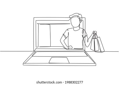 Single continuous line drawing young man coming out of laptop screen holding shopping bags. Sale, digital lifestyle and consumerism concept. Dynamic one line draw graphic design vector illustration