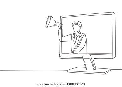 Single continuous line drawing young man coming out of monitor screen holding megaphone. Offering product with discounts or sale. Marketing concept. One line draw graphic design vector illustration