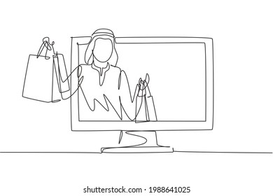 Single continuous line drawing young Arabian man coming out of monitor screen holding shopping bags. Digital lifestyle and consumerism concept. Dynamic one line draw graphic design vector illustration