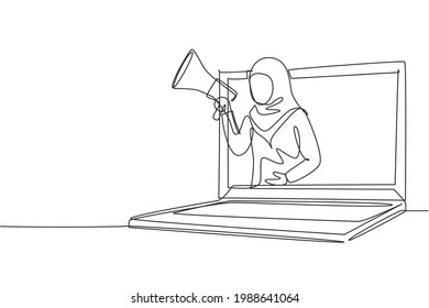 Single continuous line drawing young Arab woman coming out of laptop screen holding megaphone. Offering product with discounts or sale concept. Dynamic one line draw graphic design vector illustration