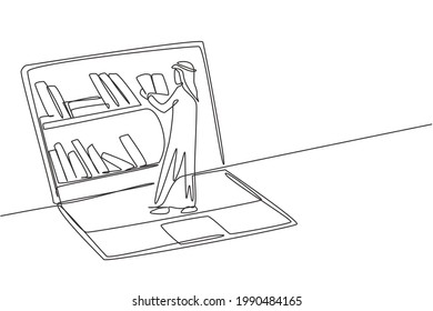 Single continuous line drawing young Arab male college student reading book while standing in front of laptop screen with bookshelf on screen. Dynamic one line draw graphic design vector illustration