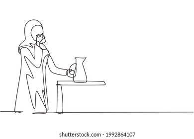 Single Continuous Line Drawing Young Arab Woman Standing And Drinking Water In Glass From Jug. Take A Break While Cleaning House. Happy Person. Dynamic One Line Draw Graphic Design Vector Illustration