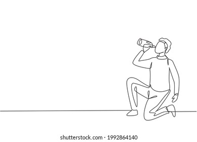Single continuous line drawing young Arab man drinking water in bottle while squatting after running. Morning exercise causes thirst and dehydration. One line draw graphic design vector illustration