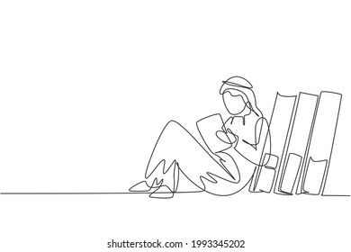 Single continuous line drawing young Arabian male reading, learning and backrest on pile of big books. Study at home. Smart student, education. Dynamic one line draw graphic design vector illustration