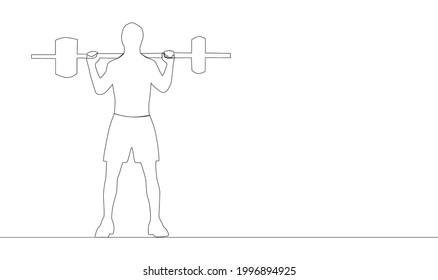 Single continuous line drawing of young strong weightlifter man preparing for barbell workout in gym. Weight lifting training concept. Trendy one line draw design