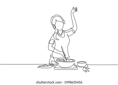 Single continuous line drawing young woman cooking and listening to music in kitchen. Healthy food illustration. Healthy lifestyle concept. Cooking at home. Prepare food. One line draw graphic design