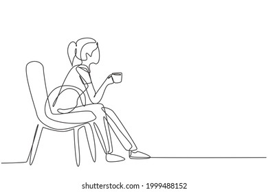 Single continuous line drawing young pretty girl sitting in modern chair, enjoying coffee in front of window at cozy home, side view concept. Dynamic one line draw graphic design vector illustration
