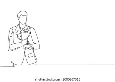 Single continuous line drawing young businessman wearing suit tie holding golden trophy with both hands. Symbol of achievement business performance. One line draw graphic design vector illustration