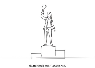Single continuous line drawing young businesswoman wearing blazer lifting golden trophy with one hand on podium. Celebrating business performance. One line draw graphic design vector illustration