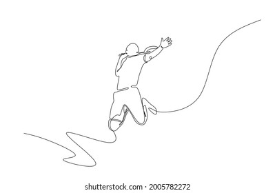 Single continuous line drawing of young agile badminton player jump and smash the ball. Sport exercise concept. Trendy one line draw design vector illustration for badminton tournament publication