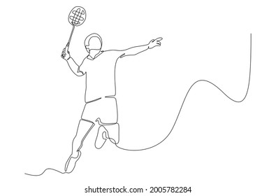 Single continuous line drawing of young agile badminton player jump and smash the ball. Sport exercise concept. Trendy one line draw design vector illustration for badminton tournament publication