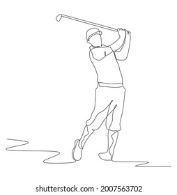 Single continuous line drawing of young happy golf player swing the golf club to hit the ball. Hobby sport concept. Trendy one line draw design vector illustration for golf tournament promotion media