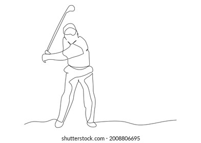 Single continuous line drawing of young happy female golf player walking. Hobby sport concept. Trendy one line draw design vector illustration for golf tournament promotion media	
