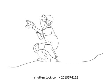 Single continuous line drawing young agile professional baseball catcher player in action. Sport exercise concept. Trendy one line draw design graphic vector illustration for baseball promotion media	